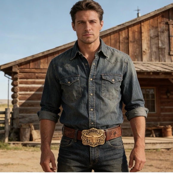 💕5/$15 Brown Leather Belt with Gold Buckle, NEW - Picture 2 of 3